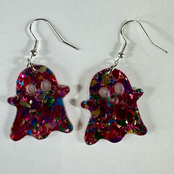 NWT Halloween Pink Sparkle Acrylic Ghost Dangle Earrings - Picture 2 of 5